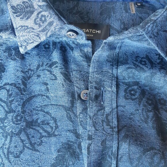 Bugatchi SZ M Classic Fit Tone on Tone Blue Woven Design Men's Button Up Shirt - Picture 5 of 12